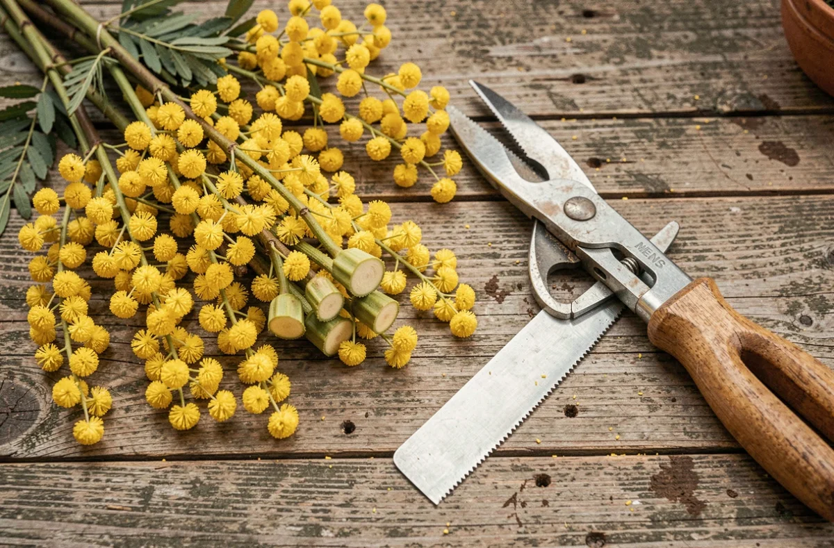 Branches de mimosa fraîchement taillées avec sécateur et scie sur un établi de jardin en bois