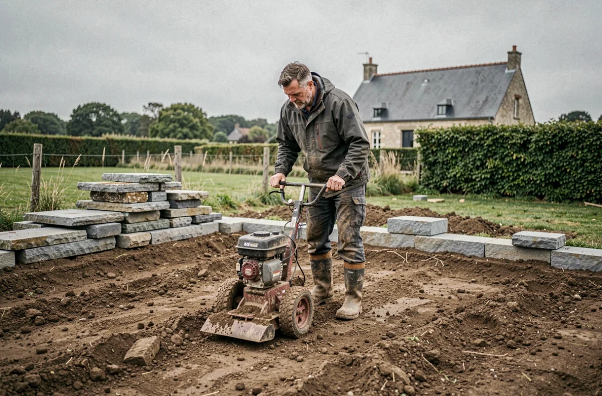 Ouvrier paysagiste de Breizh Paysage en train de terrasser un jardin dans une propriété semi-rurale en Ille-et-Vilaine