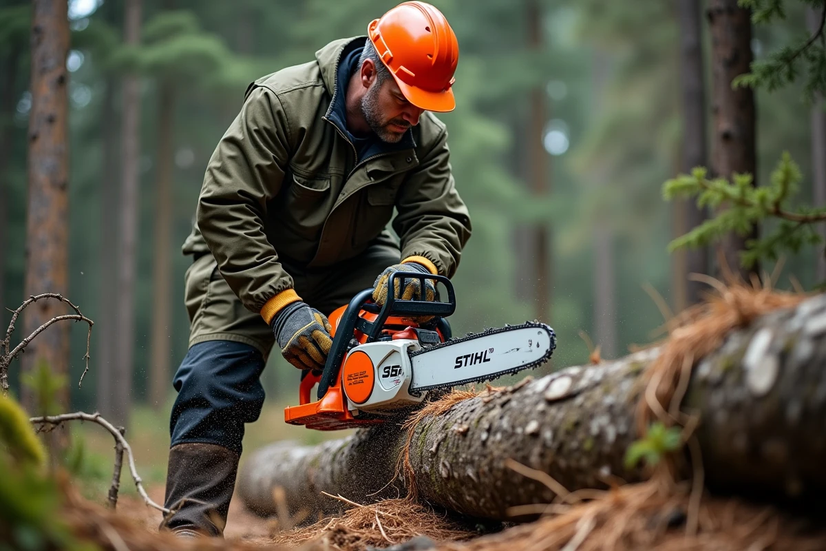 Bûcheron utilisant une tronçonneuse STIHL MS 211 pour couper un tronc d'arbre tombé en forêt