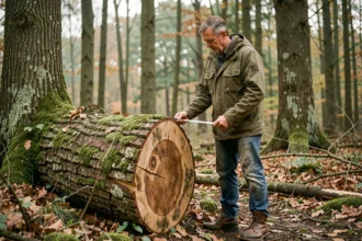 Bûcheron professionnel mesurant un tronc de chêne fraîchement abattu en forêt française