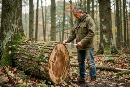 Bûcheron professionnel mesurant un tronc de chêne fraîchement abattu en forêt française
