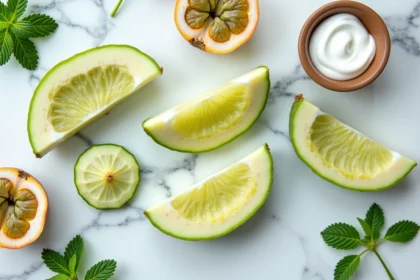 Mise en scène de fruits ceriman tranchés sur marbre blanc avec crème de coco pour un dessert exotique