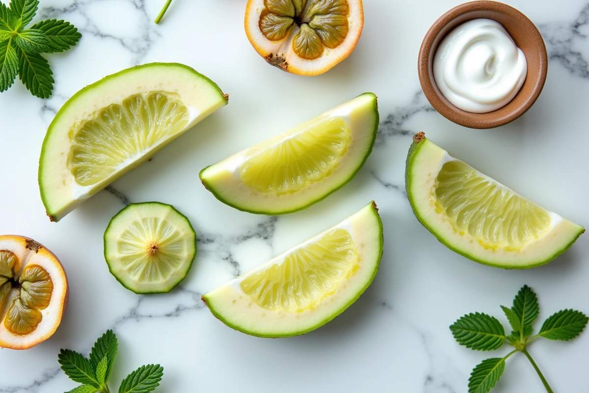 Mise en scène de fruits ceriman tranchés sur marbre blanc avec crème de coco pour un dessert exotique