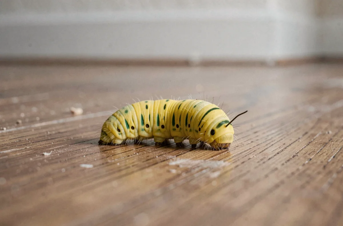 Chenille jaune avec des marques vertes sur un plancher en bois à l'intérieur d'une maison