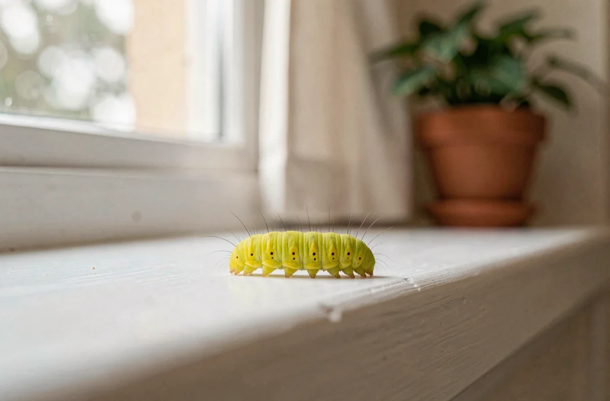 Chenille jaune et verte sur un rebord de fenêtre à l'intérieur d'une maison