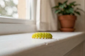 Chenille jaune et verte sur un rebord de fenêtre à l'intérieur d'une maison