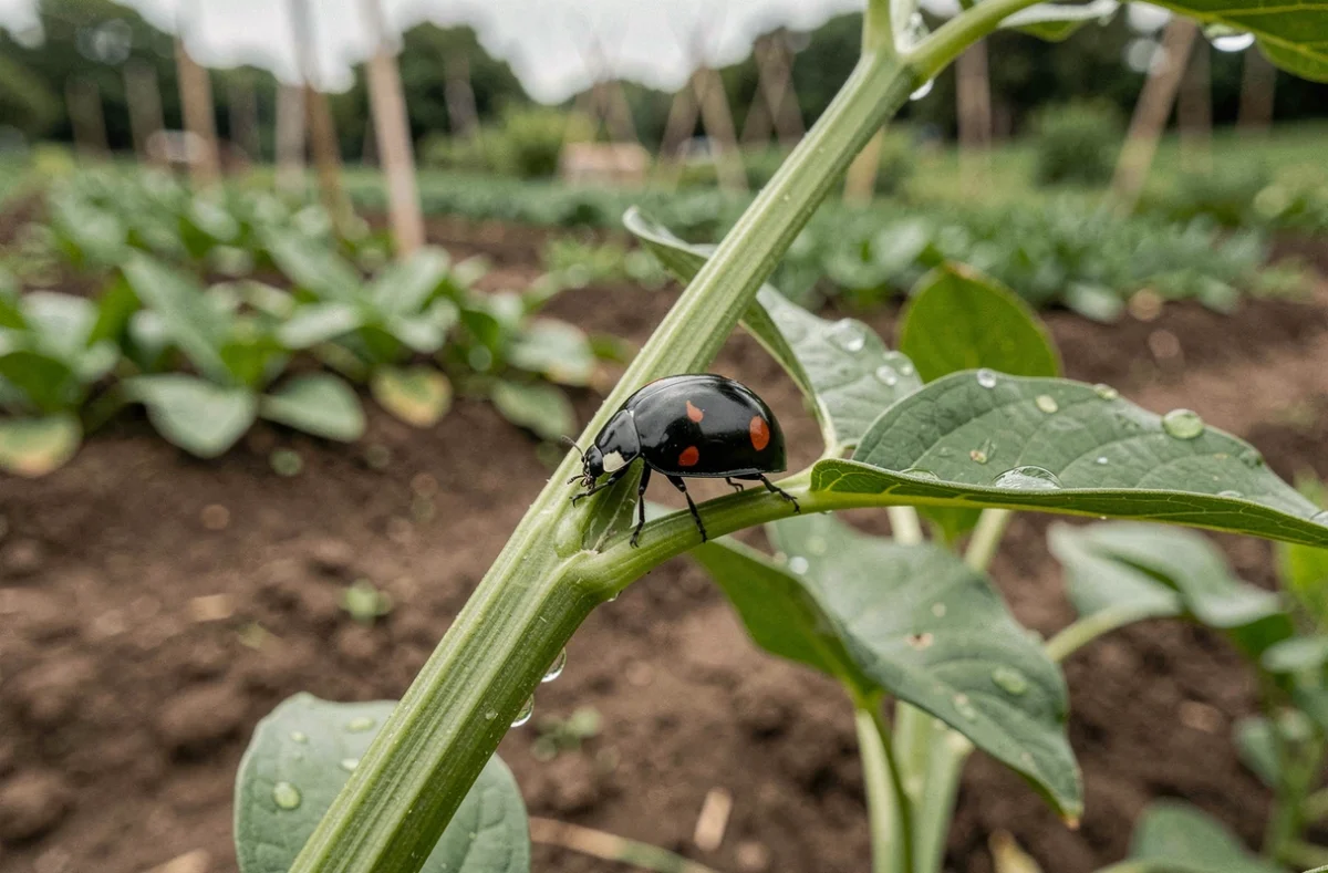 Coccinelle noire à taches rouges sur une tige de feuille dans un jardin naturel, photographie macro réaliste en plein air