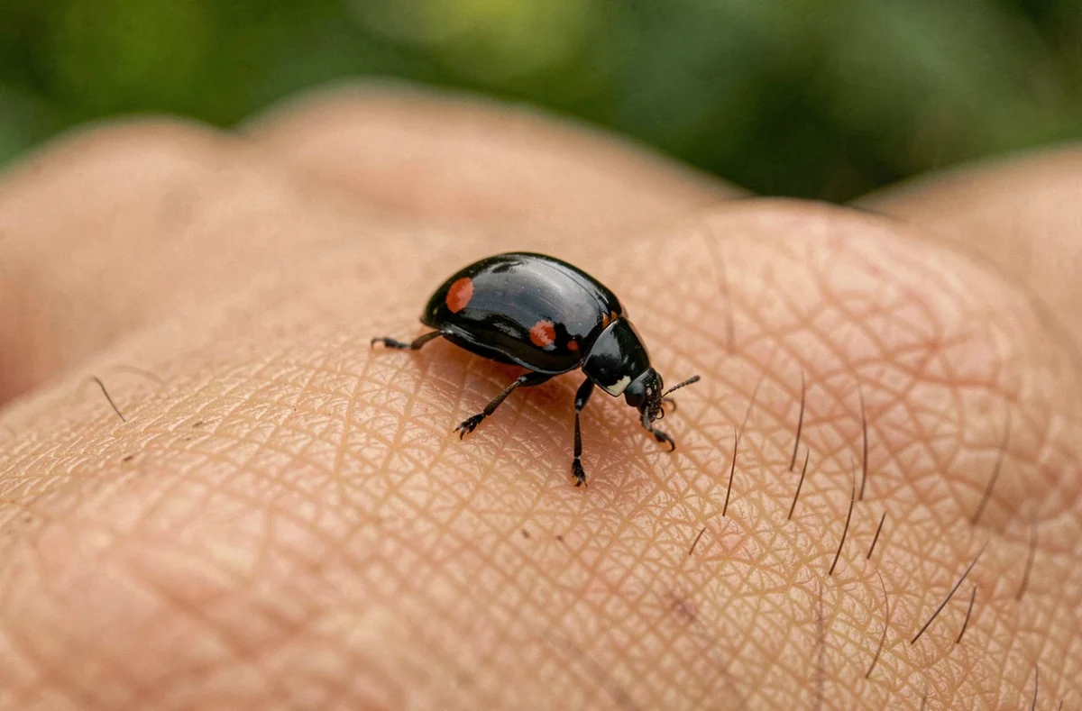 Coccinelle noire à points rouges posée sur la peau d'une main humaine dans un jardin, vue macro détaillée