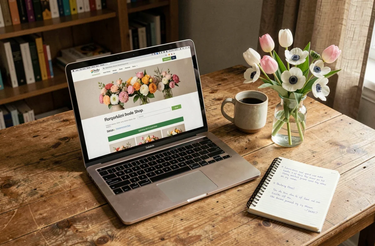 Ordinateur portable affichant un site de commande de fleurs en ligne avec un champ de code promo et réduction appliquée, posé sur un bureau en bois avec un petit bouquet