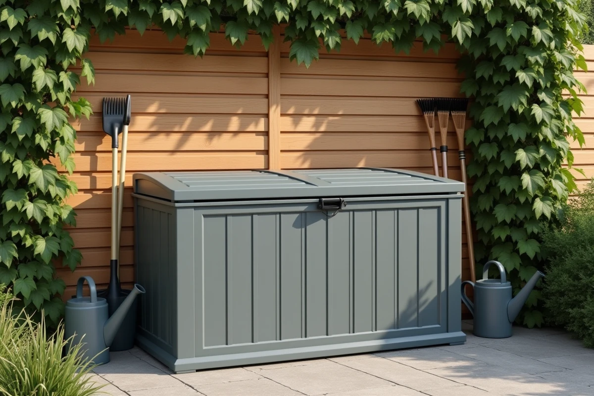 Coffre de jardin en résine gris fermé appuyé contre un abri de jardin en bois avec des outils de jardinage