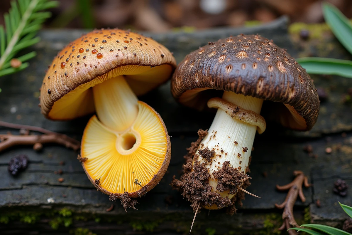 Comparaison côte à côte du bolet à chair jaune et du cèpe douteux posés sur bois en forêt