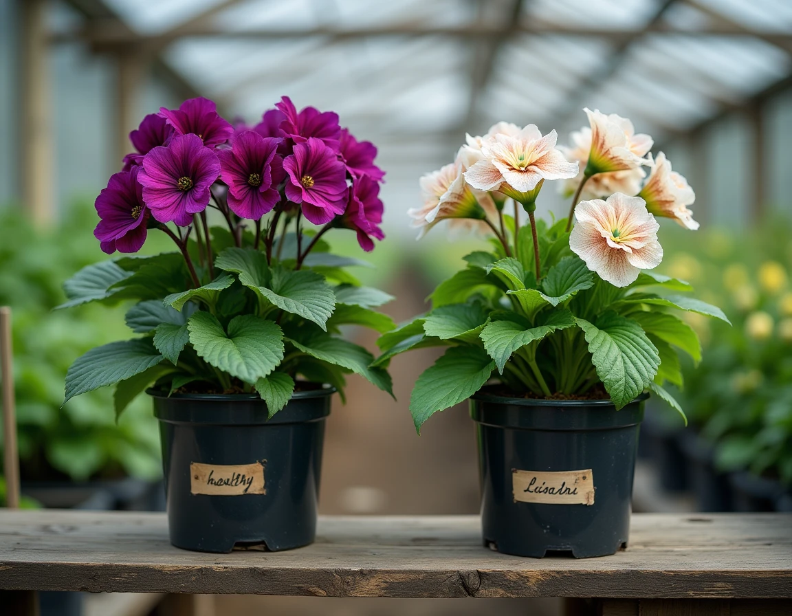 Comparaison entre un lisianthus sain aux fleurs violettes et un lisianthus malade atteint d'oïdium sur une étagère de serre