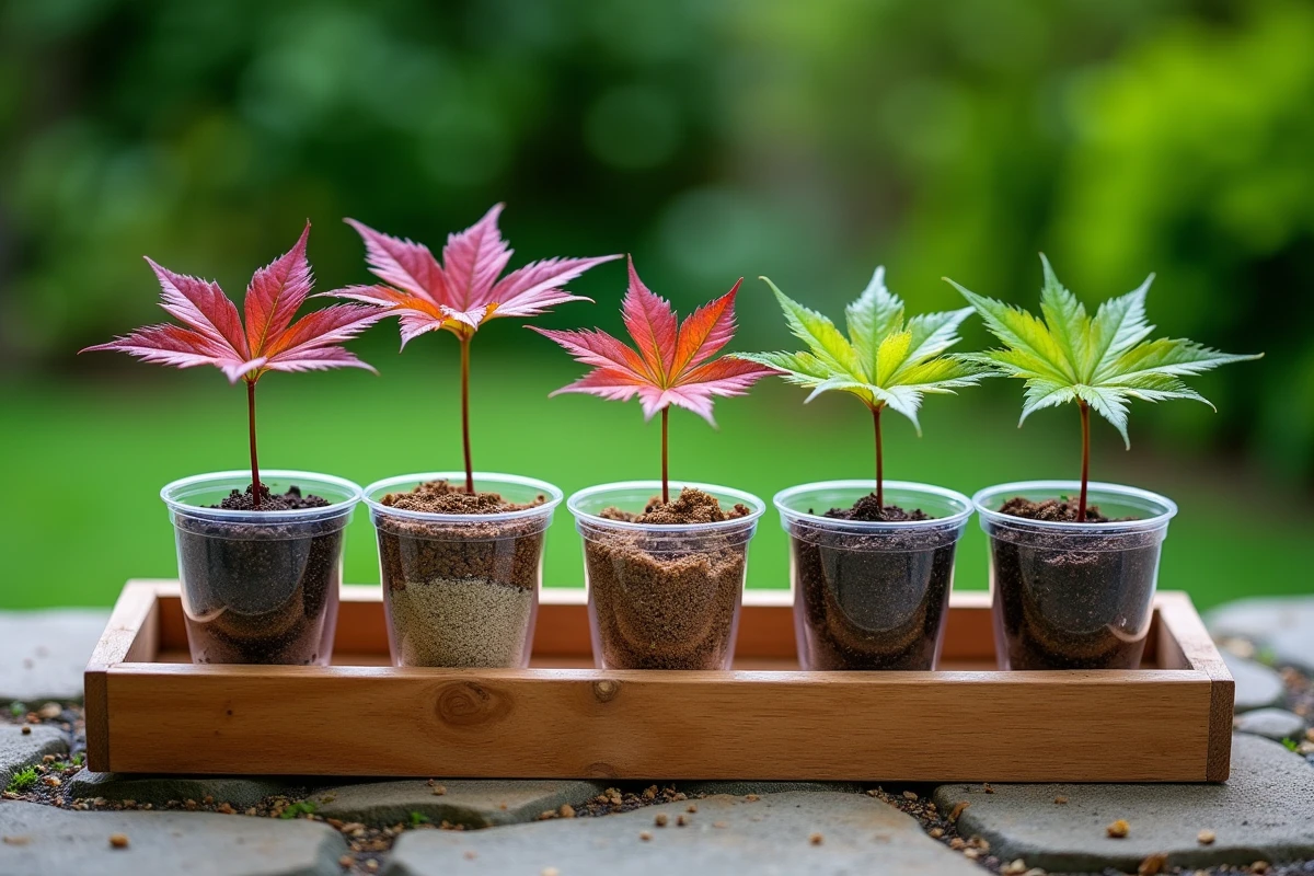 Comparaison de substrats de bouturage pour érables du Japon dans six petits pots en plastique transparent