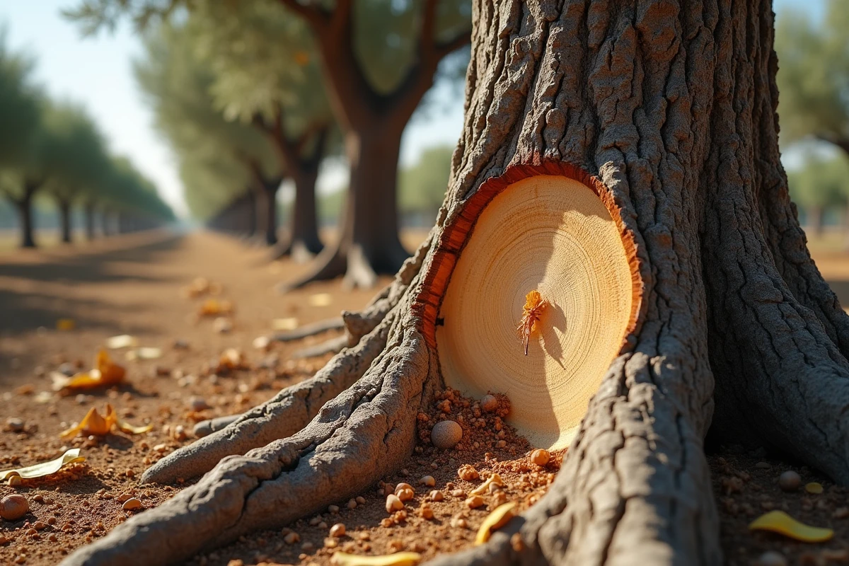 Gros plan sur des branches d'olivier taillées sévèrement avec cicatrisant appliqué sur les coupes