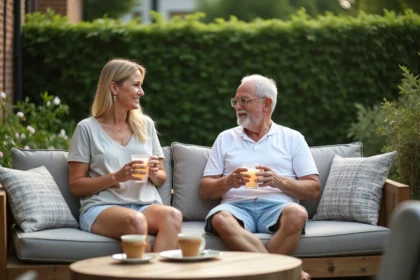 Couple souriant sur canapé de jardin en été