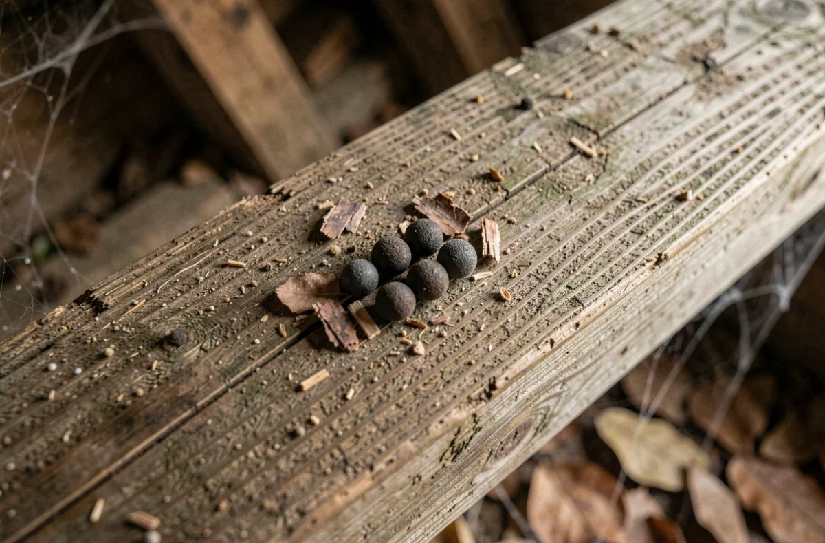 Crottes de loir en gros plan sur une poutre en bois dans un grenier rural, petits excréments ovales foncés caractéristiques