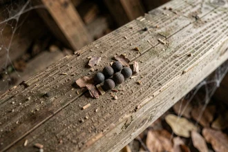 Crottes de loir en gros plan sur une poutre en bois dans un grenier rural, petits excréments ovales foncés caractéristiques