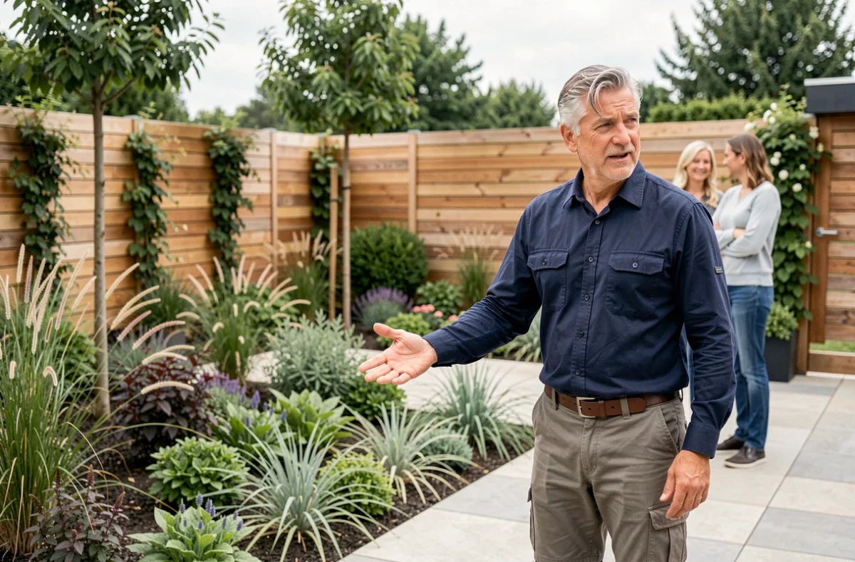 David Lenen Paysagiste présentant un jardin contemporain nouvellement aménagé à des clients en Ille-et-Vilaine