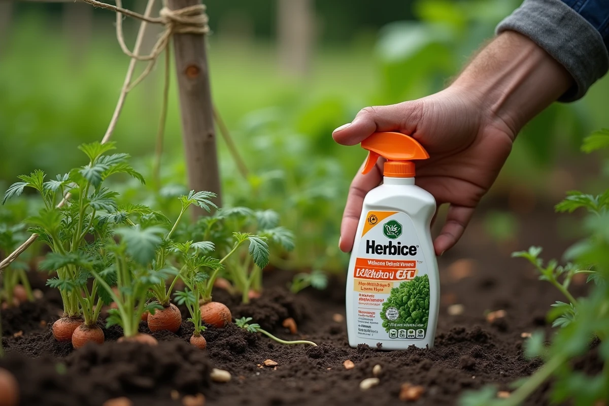 Main tenant un désherbant chimique près de mauvaises herbes arrachées dans un potager avec carottes et haricots