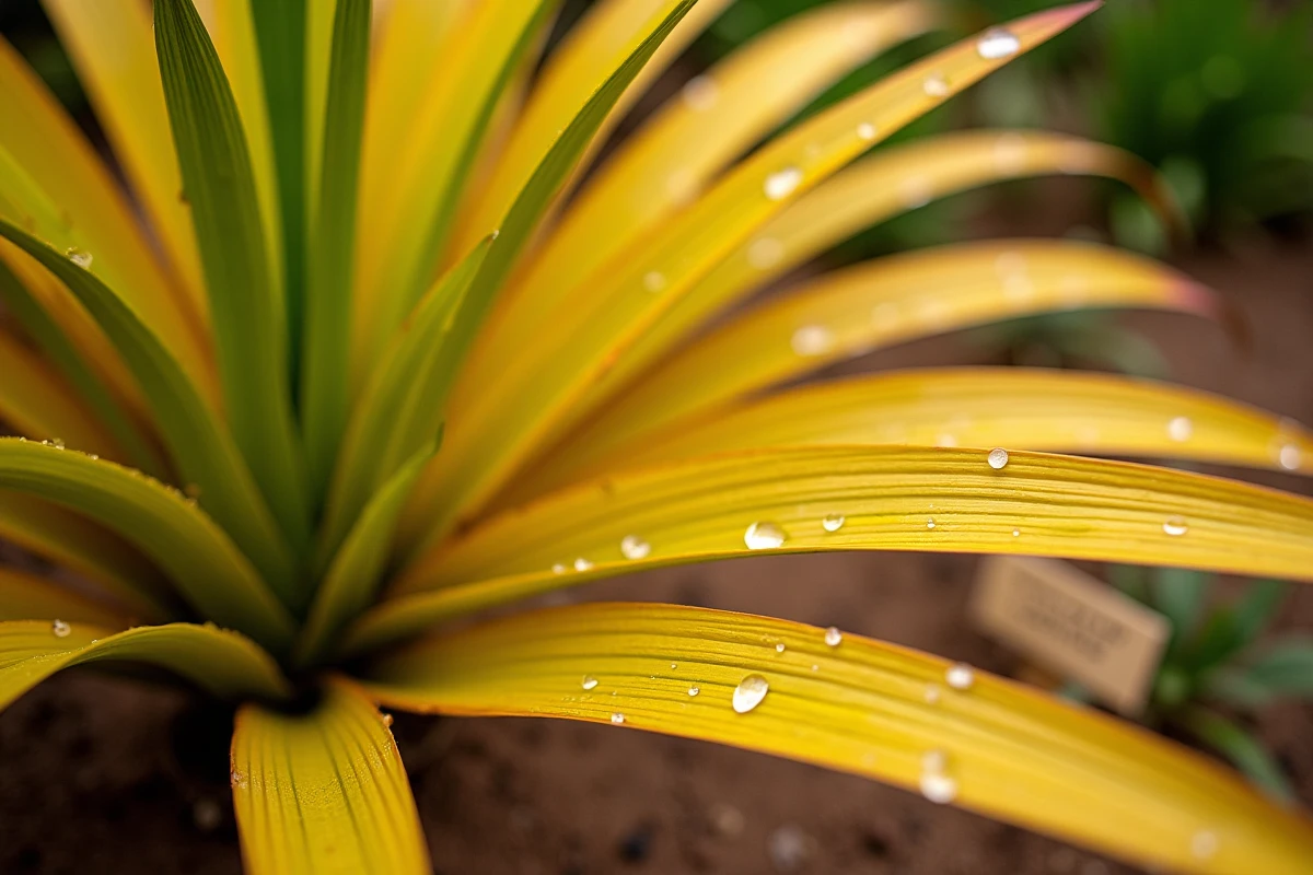 Gros plan sur les palmes jaunes et dorées d'un palmier avec détail des fibres et des couleurs naturelles