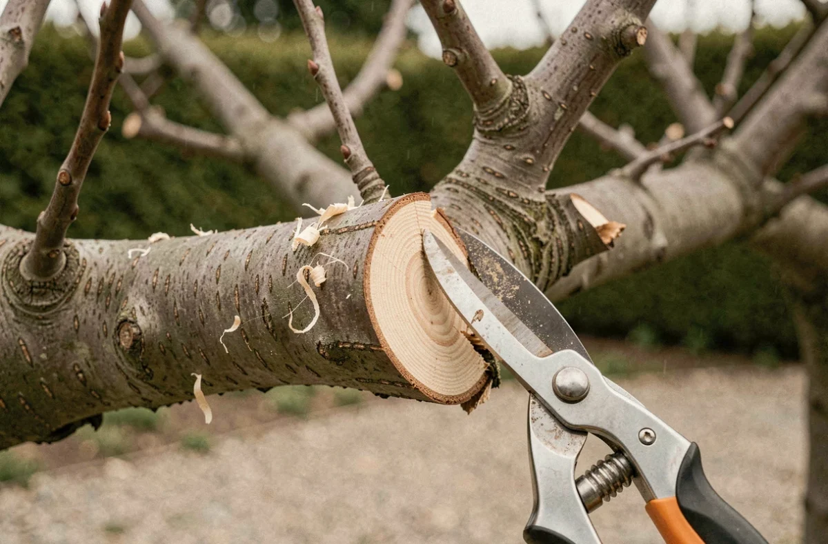 Gros plan sur des branches de prunier demi-tige fraîchement taillées avec un sécateur professionnel posé dessus