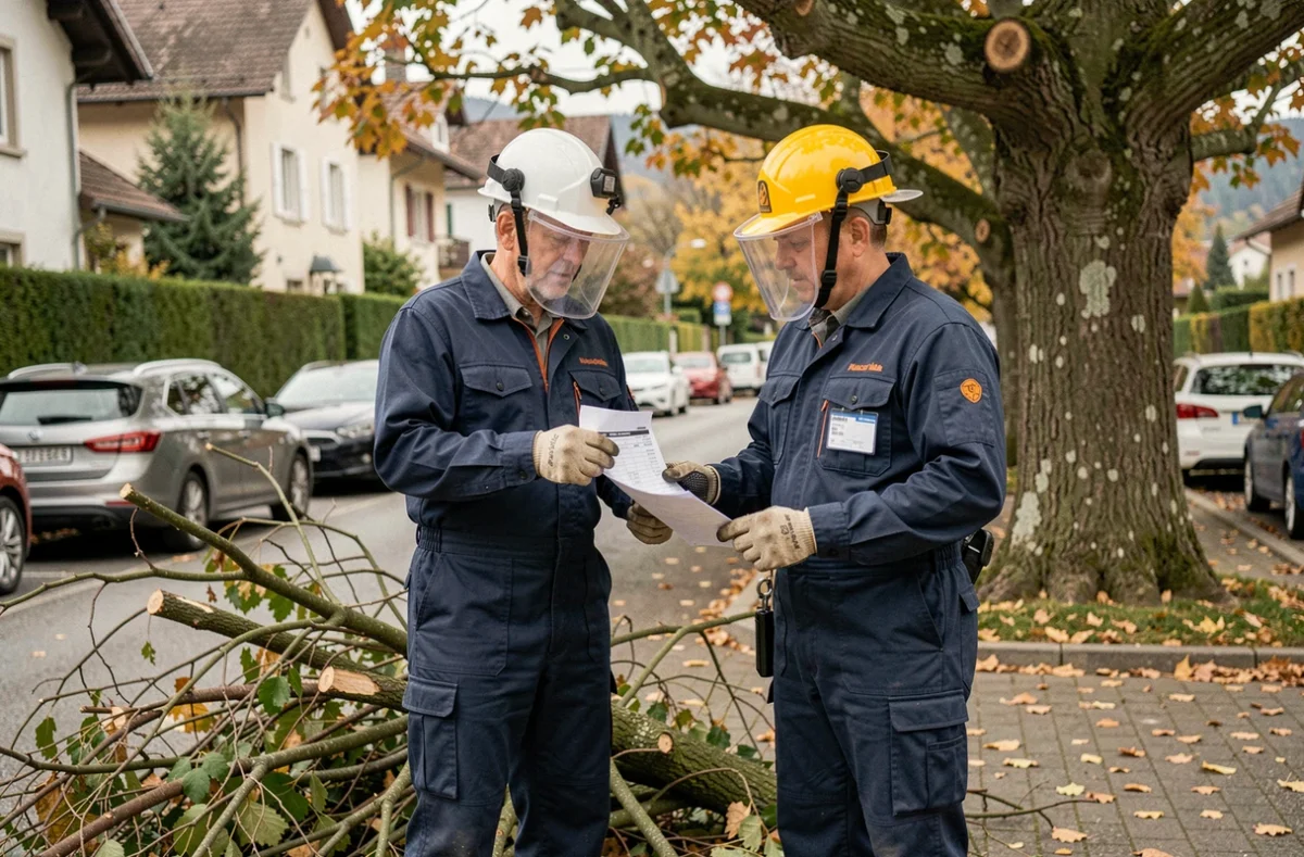 Deux élagueurs discutant d'un devis d'élagage dans une rue résidentielle d'Annecy en automne