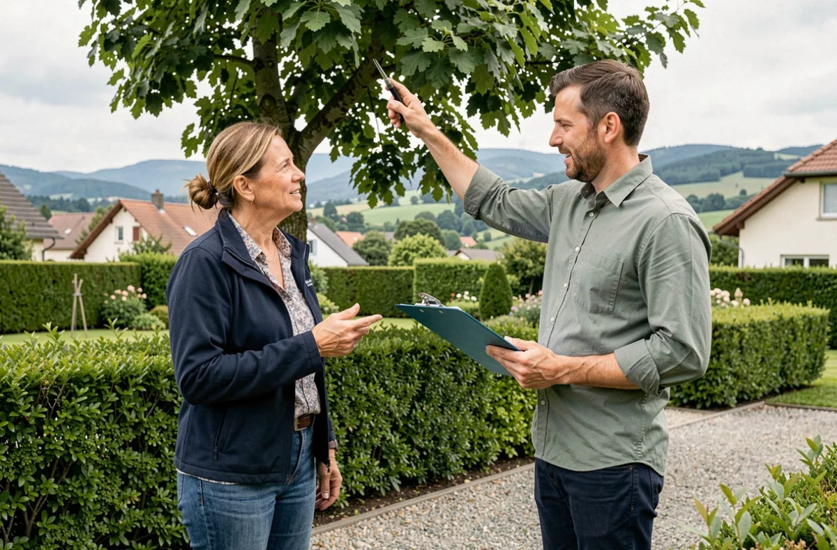 Propriétaire discutant du devis d'élagage avec un arboriste dans son jardin en Alsace