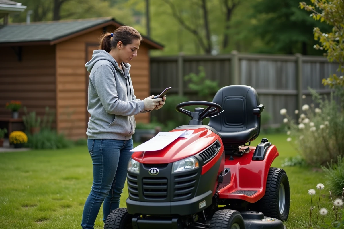 Femme diagnostiquant un problème d'enclenchement de lame sur un tracteur tondeuse rouge dans un jardin