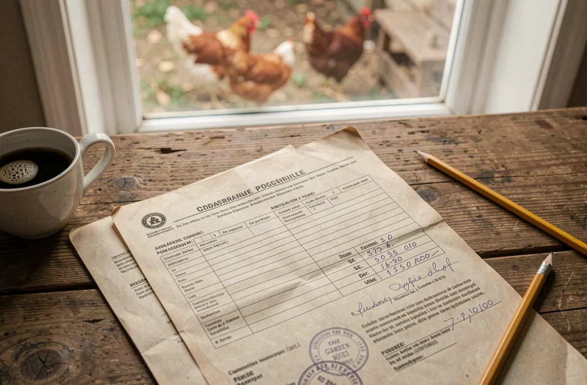 Documents administratifs de déclaration foncière sur une table en bois avec vue sur un poulailler en arrière-plan