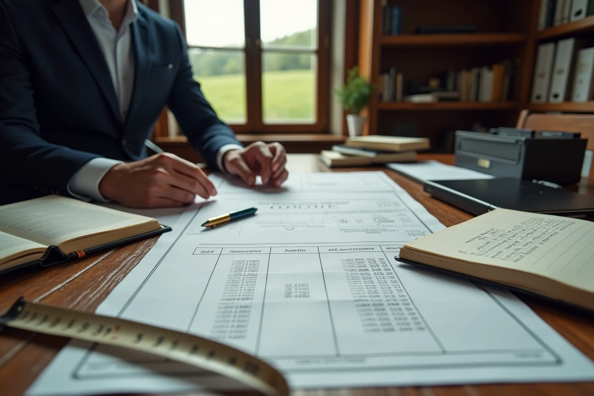 Documents cadastraux et tableau de conversion ares hectares sur un bureau de géomètre en milieu rural