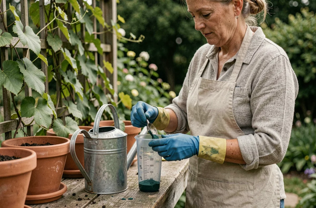 Jardinière mesurant la dose de bouillie bordelaise pour 1 litre d'eau dans un verre doseur gradué