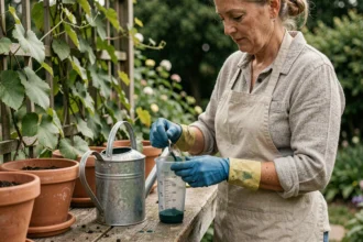 Jardinière mesurant la dose de bouillie bordelaise pour 1 litre d'eau dans un verre doseur gradué