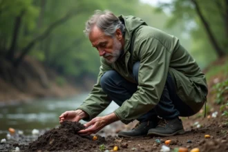 Ecologiste examine un sol sec près d'une rivière dégradée