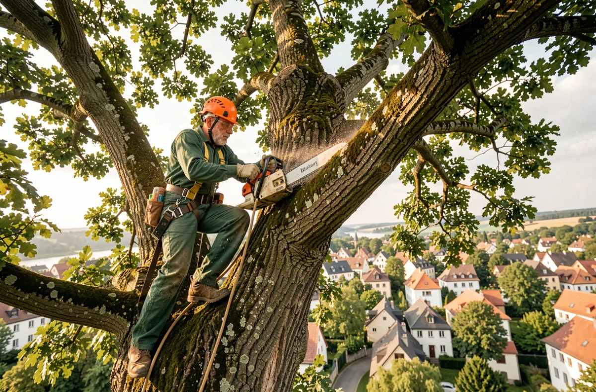 Arboriste professionnel en train d'élaguer un grand chêne dans le Haut-Rhin avec un casque de sécurité orange