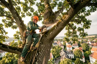 Arboriste professionnel en train d'élaguer un grand chêne dans le Haut-Rhin avec un casque de sécurité orange