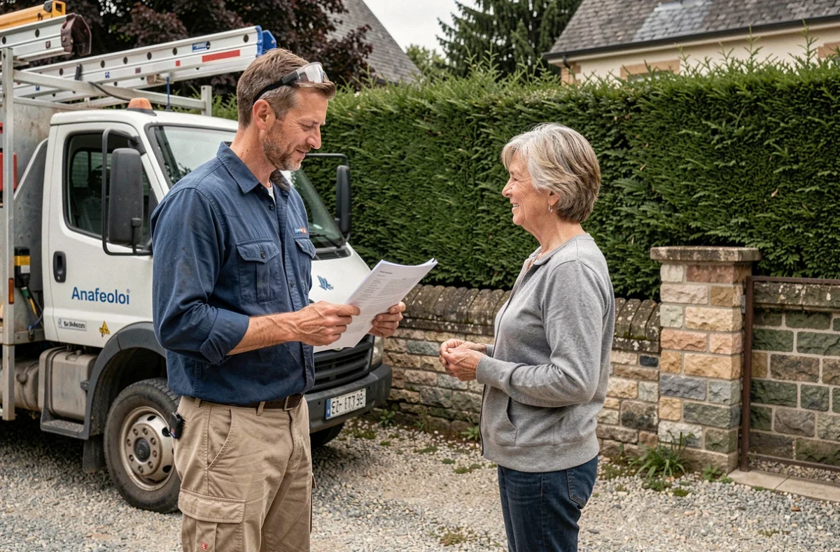 Élagueur présentant un devis à une propriétaire devant un camion de service dans une maison française
