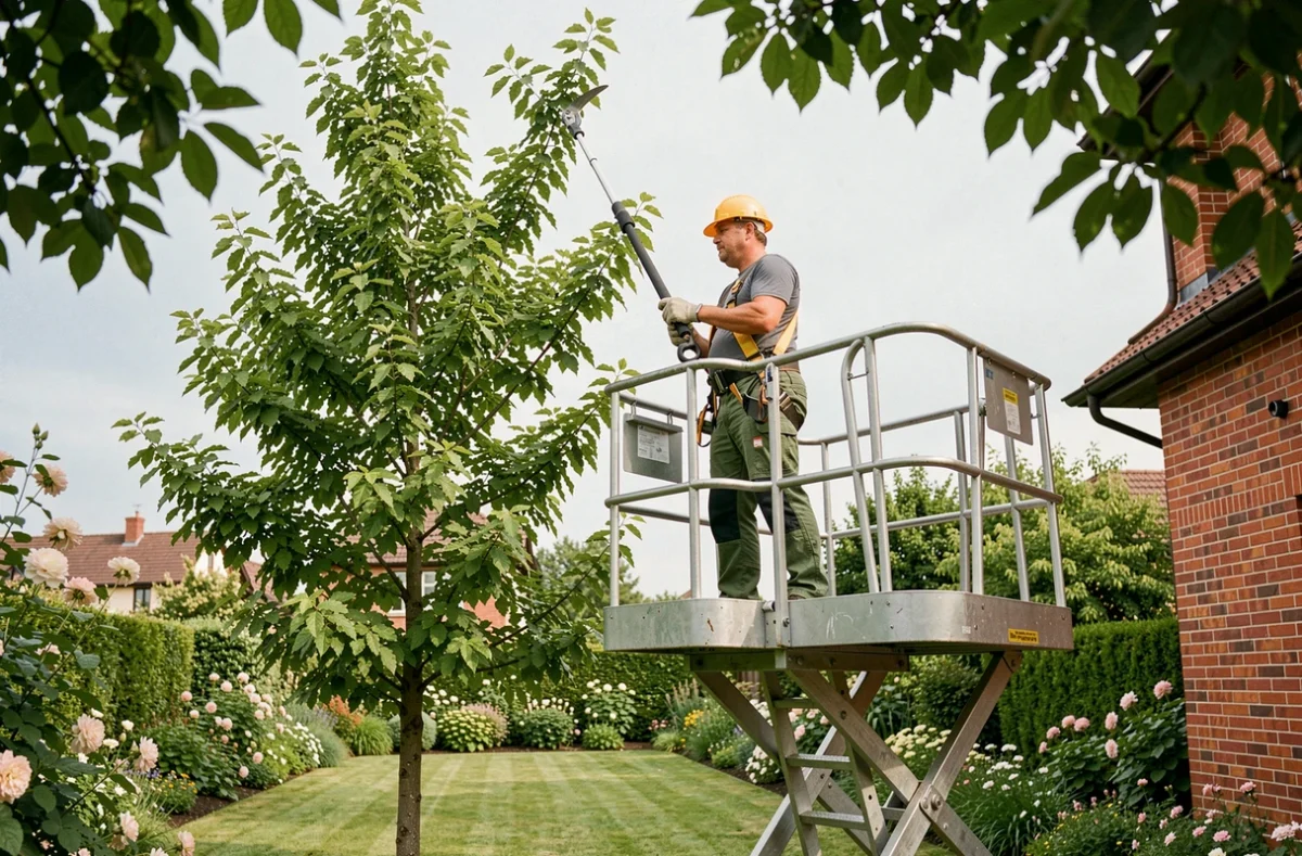 Élagueur sur nacelle élévatrice taillant les hautes branches d'un tilleul dans un jardin résidentiel en été