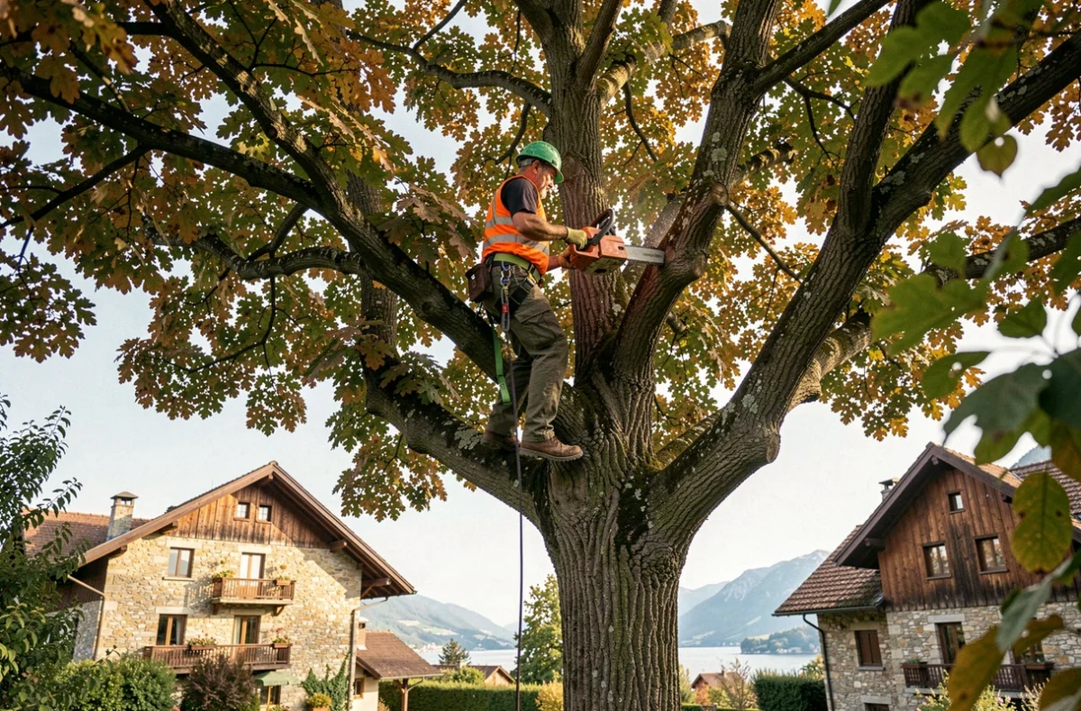 Élagueur professionnel en train d'élaguer un grand arbre dans un jardin résidentiel d'Annecy avec vue sur le lac