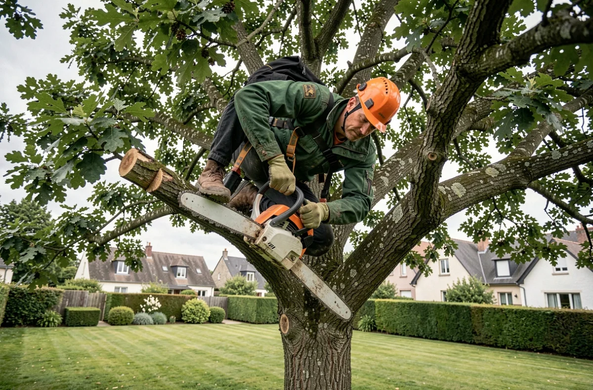 Élagueur professionnel en action sur un grand chêne dans un jardin résidentiel avec équipement de sécurité