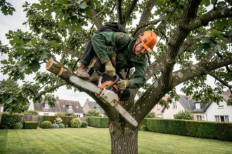 Élagueur professionnel en action sur un grand chêne dans un jardin résidentiel avec équipement de sécurité