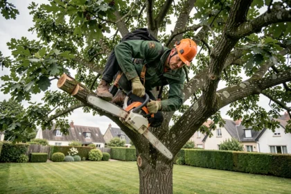 Élagueur professionnel en action sur un grand chêne dans un jardin résidentiel avec équipement de sécurité
