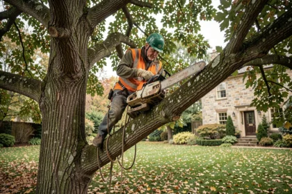Élagueur professionnel en action dans un arbre avec équipement de sécurité complet dans un jardin résidentiel en automne