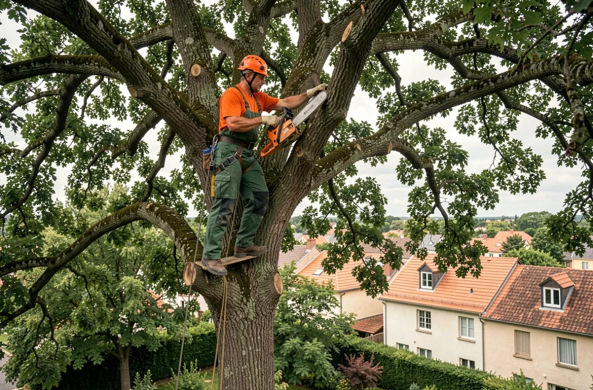 Élagueur professionnel en hauteur dans un grand chêne lors d'un élagage à Toulouse