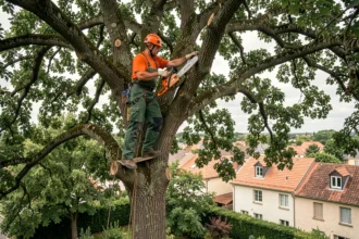 Élagueur professionnel en hauteur dans un grand chêne lors d'un élagage à Toulouse