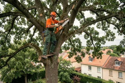 Élagueur professionnel en hauteur dans un grand chêne lors d'un élagage à Toulouse