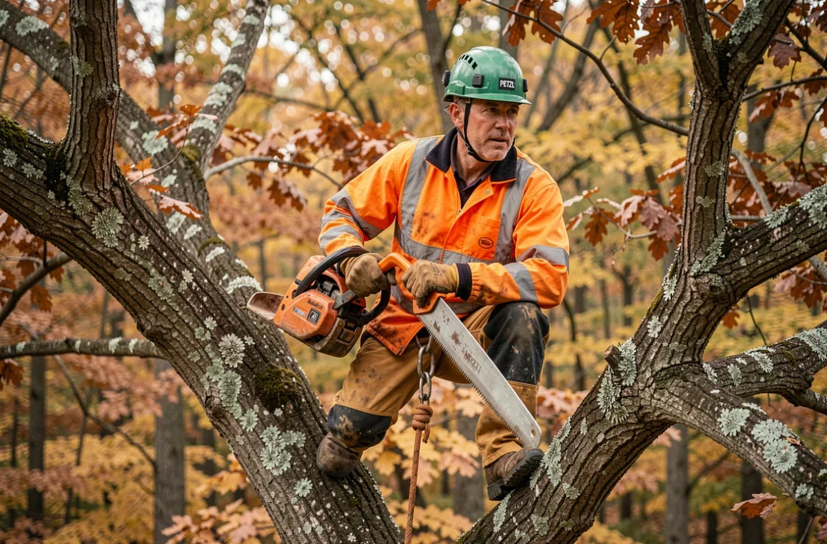 Élagueur professionnel utilisant une scie Bahco perché dans un chêne en automne