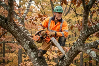 Élagueur professionnel utilisant une scie Bahco perché dans un chêne en automne