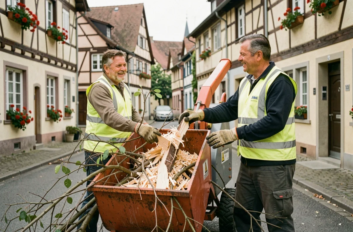 Deux élagueurs alimentant un broyeur de branches devant des maisons alsaciennes à colombages dans le Haut-Rhin