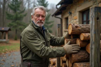 Homme d'âge mûr empilant des bûches de chêne fendues sur un râtelier en bois dans une cour de ferme rustique en automne