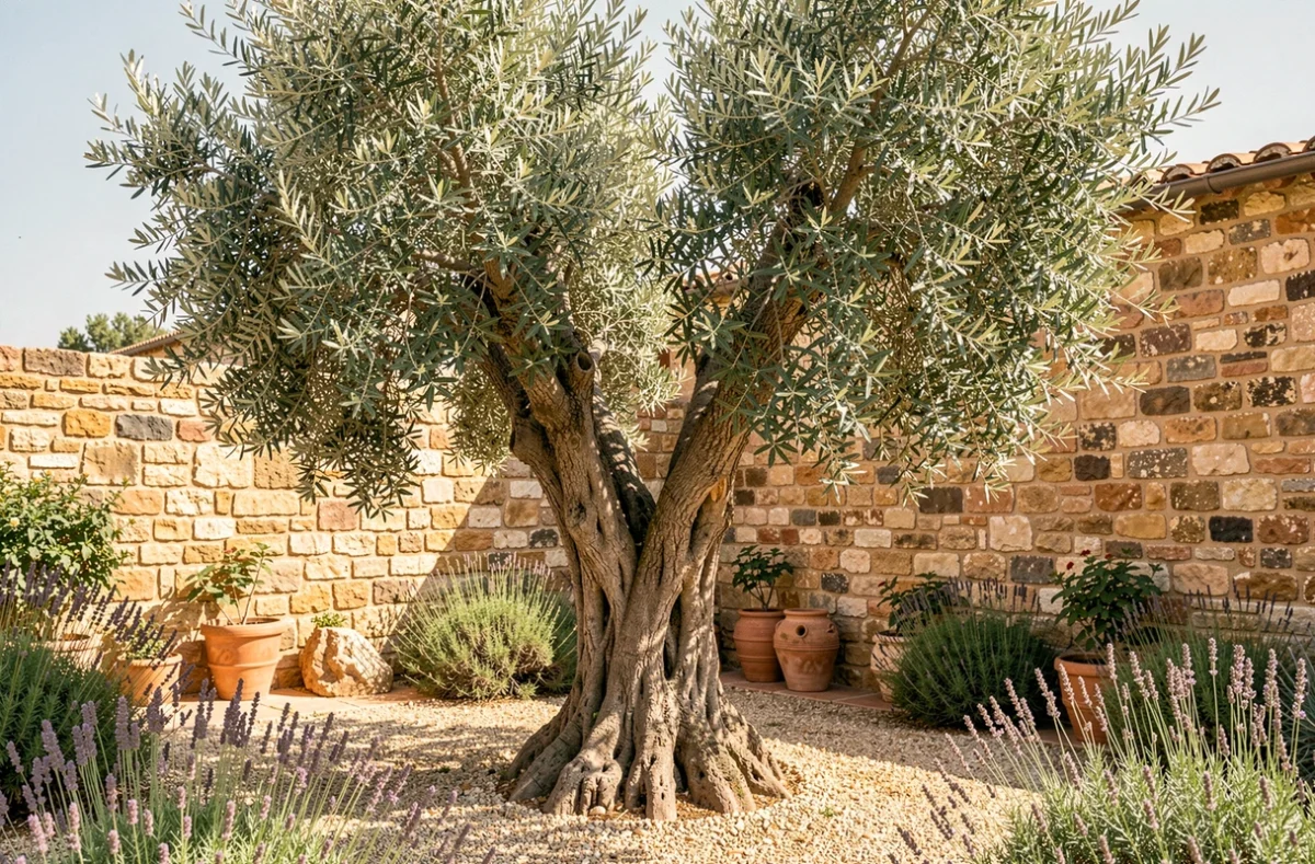 Olivier mature planté près d'un mur en pierre dans un jardin méditerranéen ensoleillé avec sol drainant et lavande